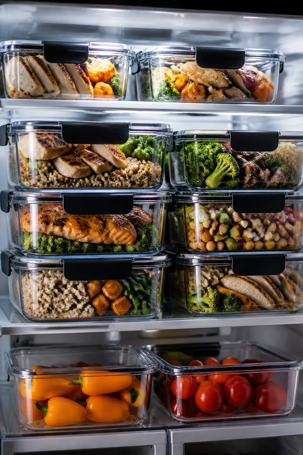 Inside a modern fridge shelf with organized meal-prep containers