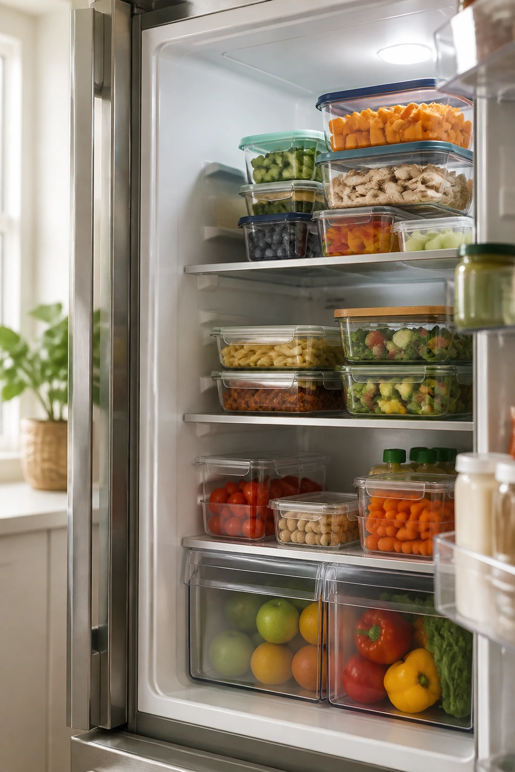 Open fridge with neatly arranged containers to simplify weekly meals.