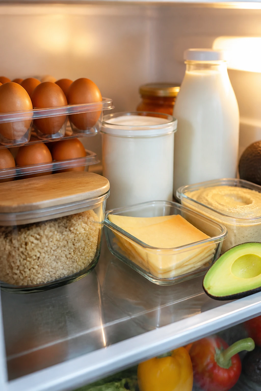 Fridge shelf with eggs, yogurt, cheese, hummus, avocados and grains