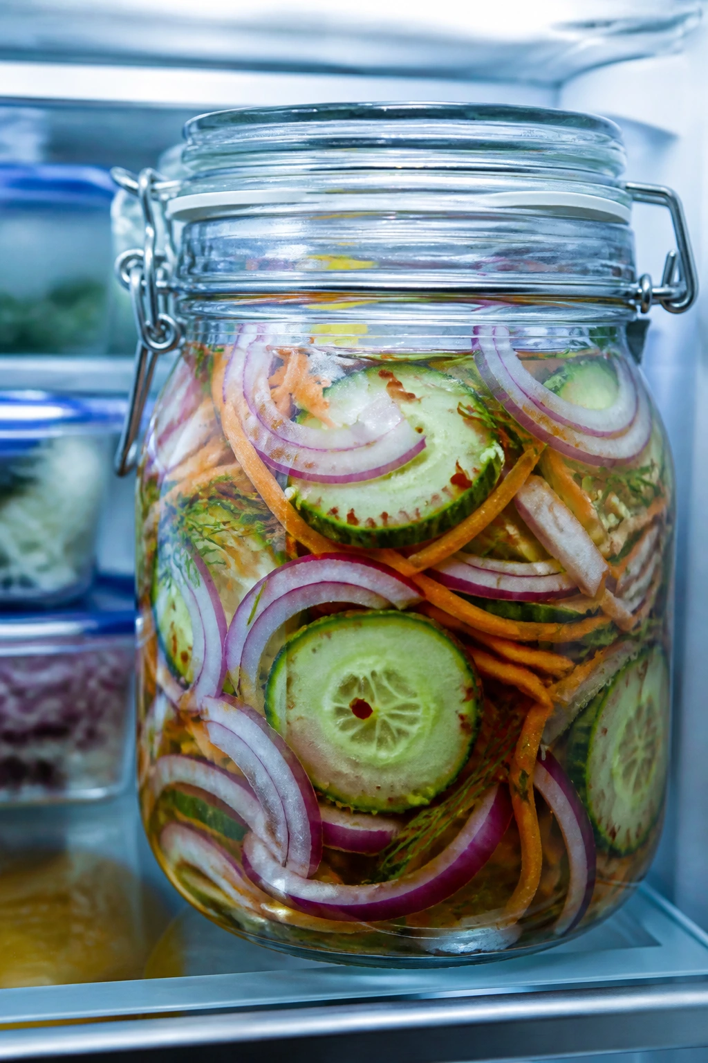 Jar of pickles in a fridge, ready for long storage.