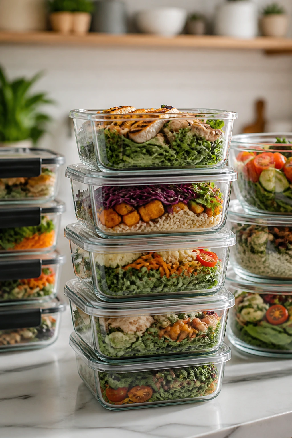 Stacked glass lunch containers with colorful meals on a kitchen counter