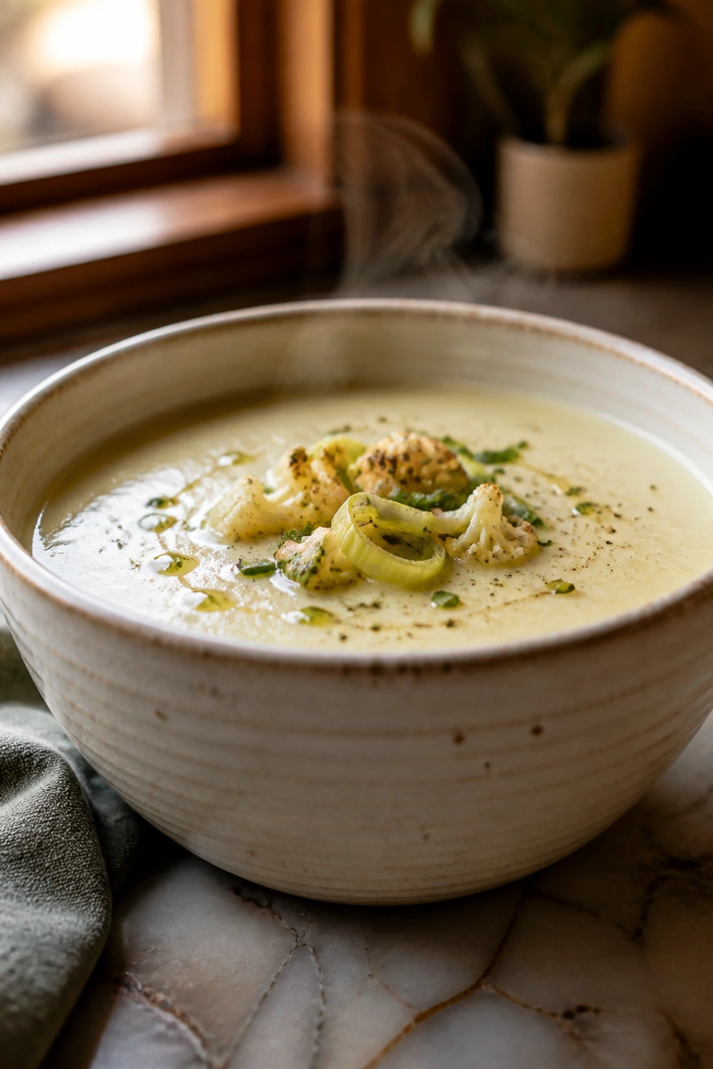 Close-up of creamy chilled soup in a rustic bowl, cozy winter fridge-inspired comfort