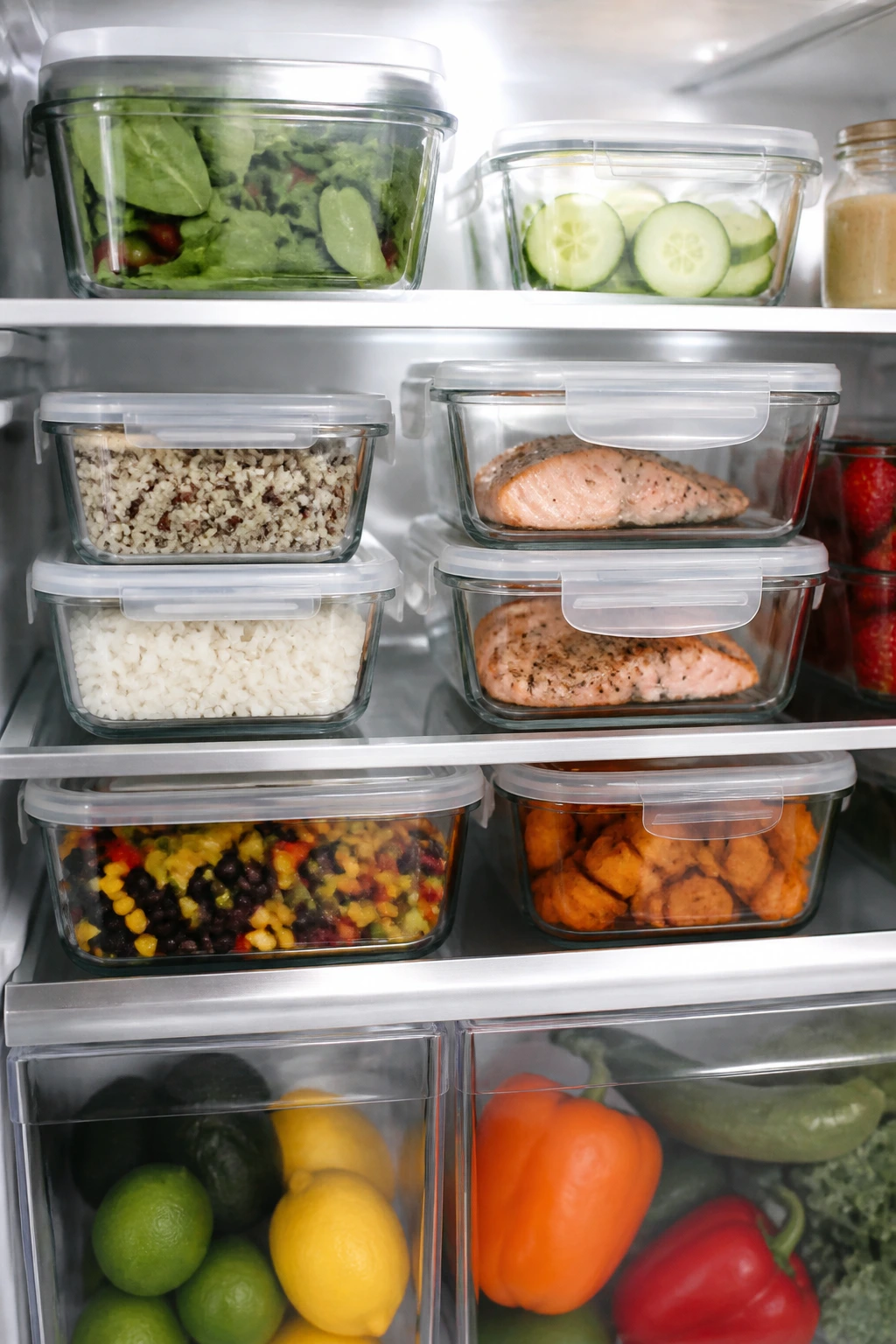 Fridge shelf with neatly organized containers illustrating storage and make-ahead prep.