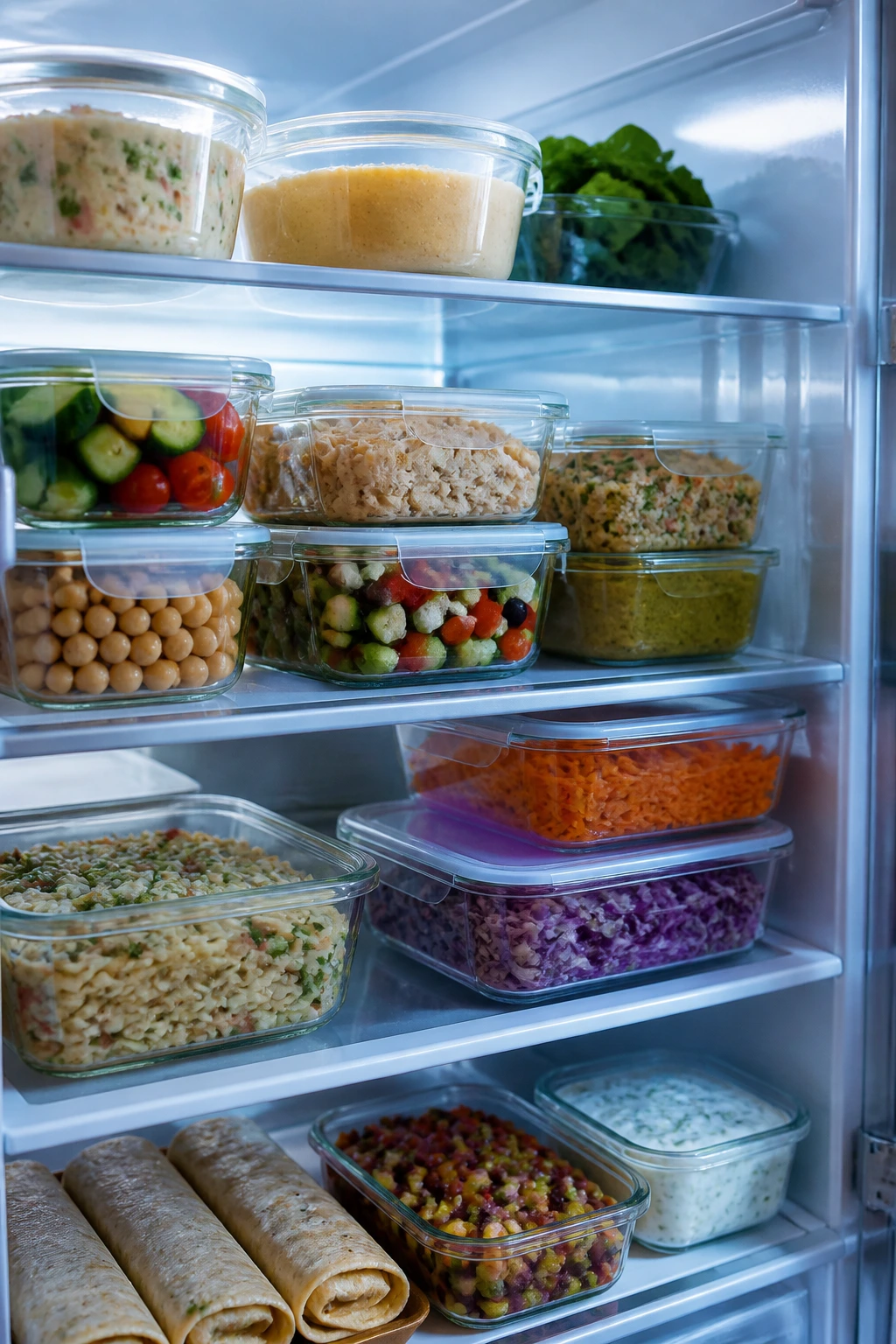 Fridge with glass containers holding make-ahead dinner components.