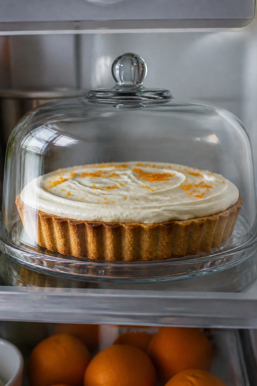 Close-up of tart under a glass cake dome in a fridge
