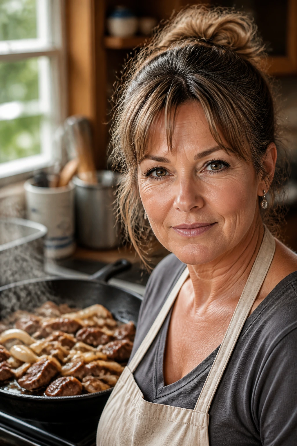 Close-up portrait of a curious cook in a warm kitchen with a skillet of fried beef and onions behind