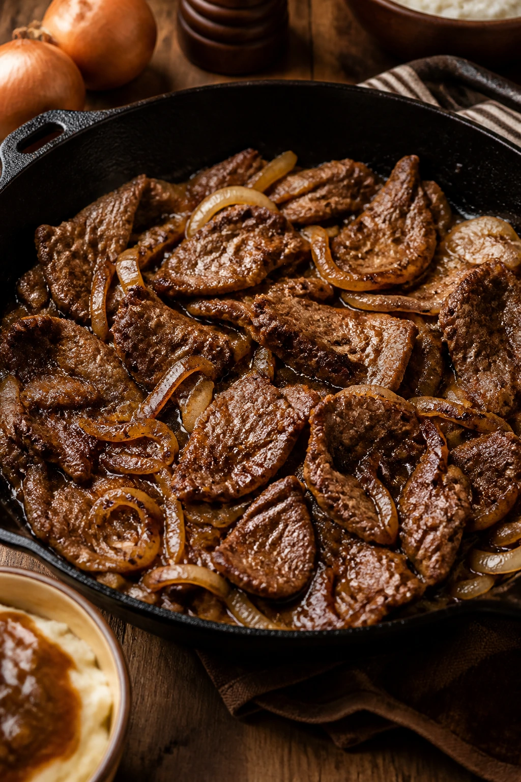 Beef strips dredged in seasoned flour browning with onions in a skillet