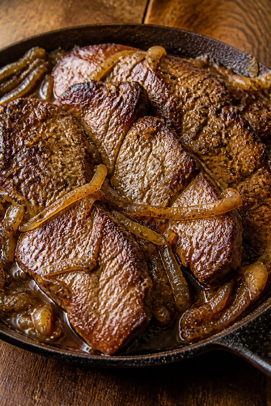 Close-up of thick fried beef in a skillet with glossy gravy