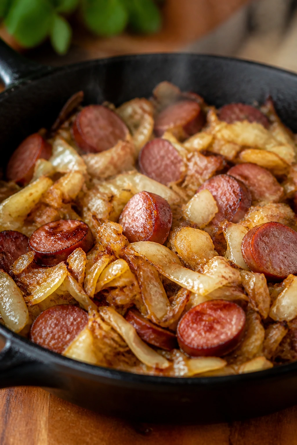 Caramelized cabbage and kielbasa in a skillet
