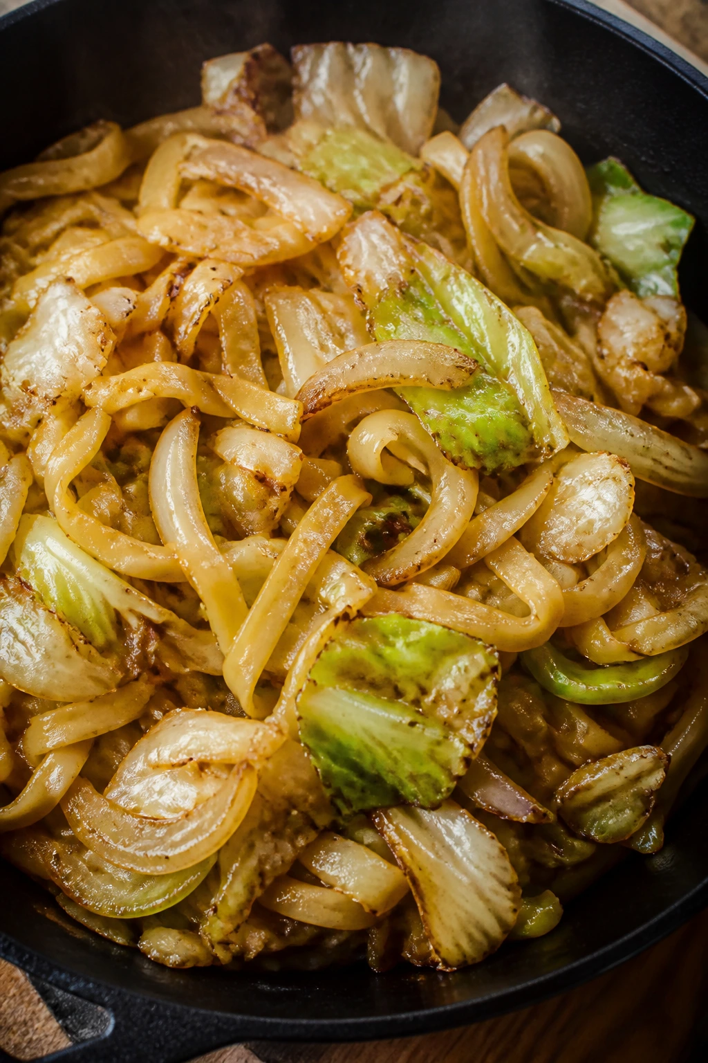 Skillet with fried cabbage and noodles steaming hot