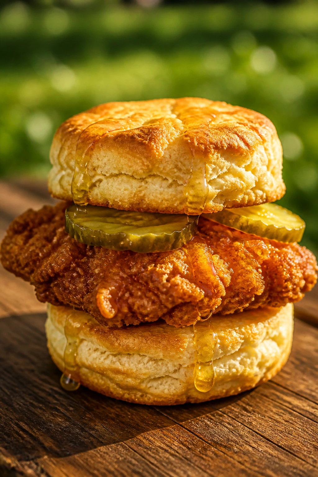 Close-up of a crispy fried chicken biscuit sandwich on a sunny picnic table