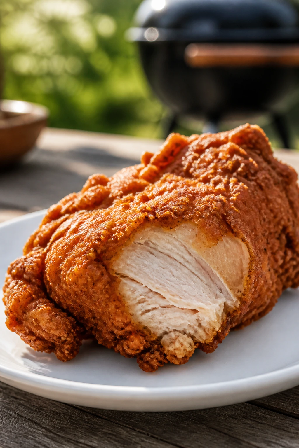 Close-up of a crispy cold fried chicken piece on a plate outdoors