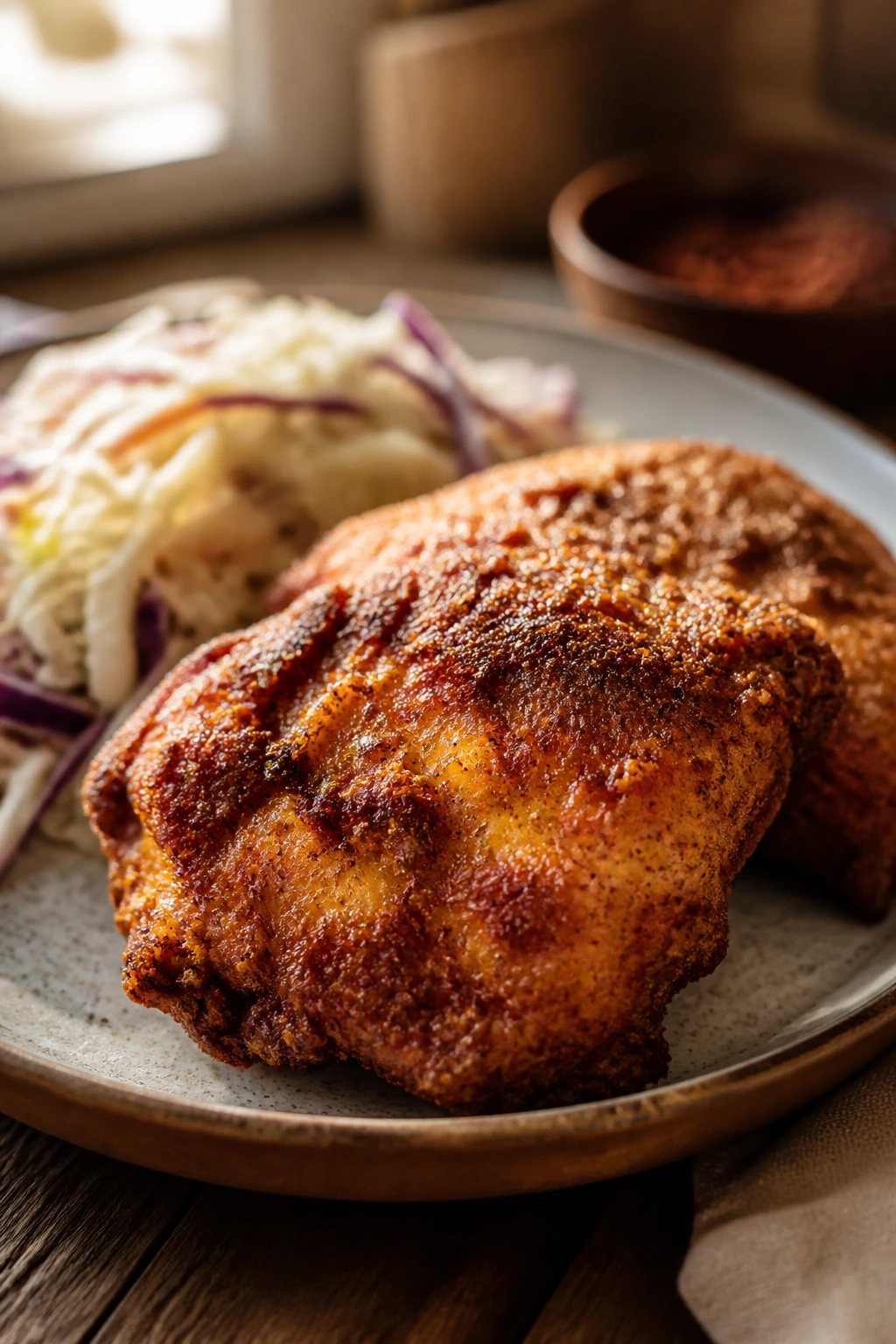 Plate of crispy fried chicken with sides in warm kitchen