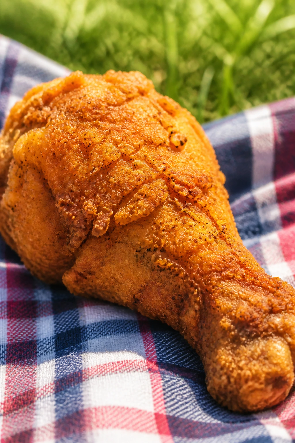 Close-up of a crispy fried chicken drumstick on a picnic blanket outdoors
