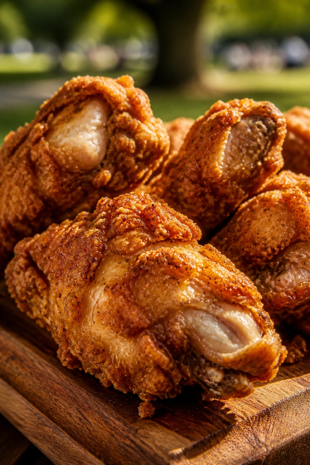 Close-up of crispy fried chicken pieces with golden crust on a wooden board at a sunny picnic.