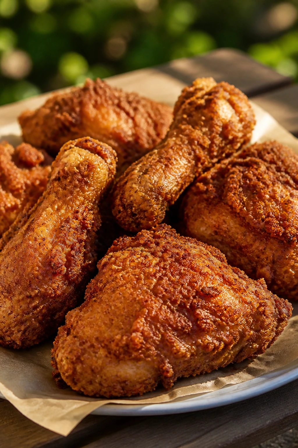 Crispy fried chicken pieces with crackly coating on parchment on a picnic table.