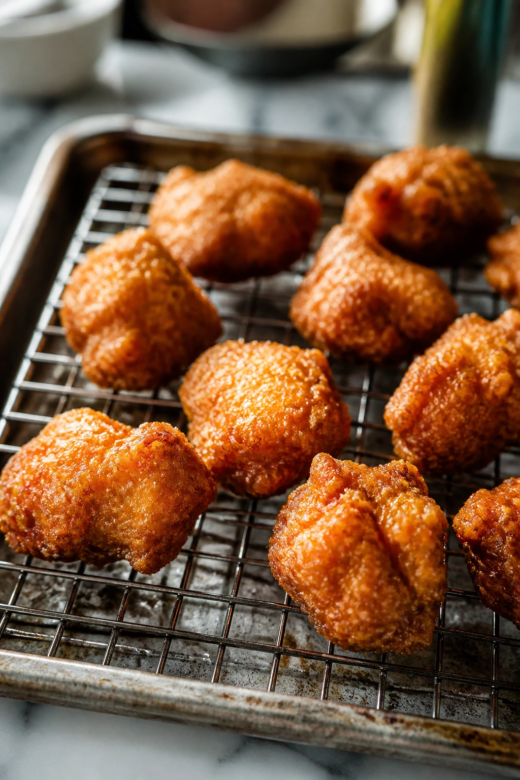 Golden crisp fried chicken pieces on a wire rack in a kitchen