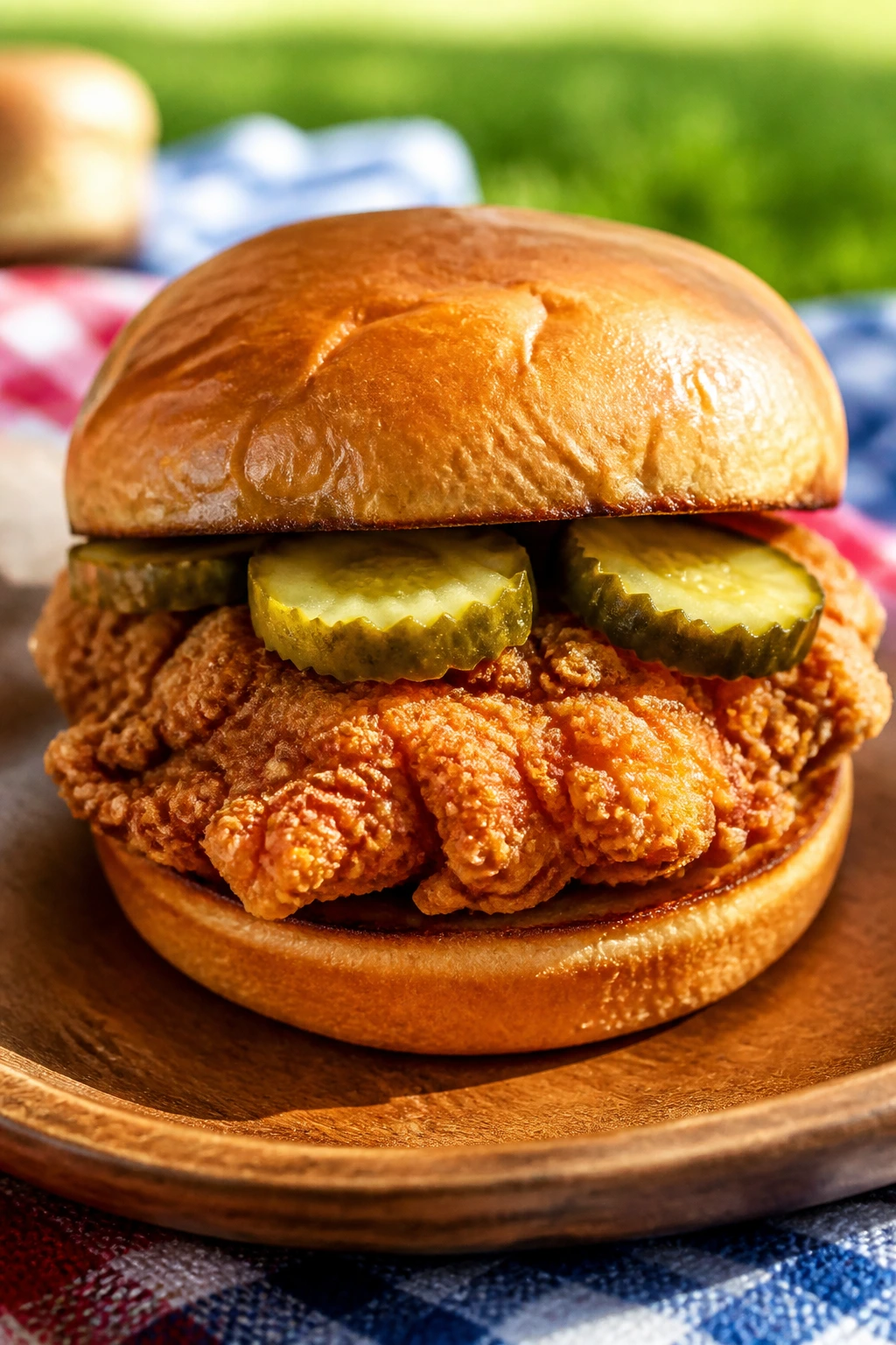 Close-up of a crispy fried chicken sandwich with pickles on brioche outdoors