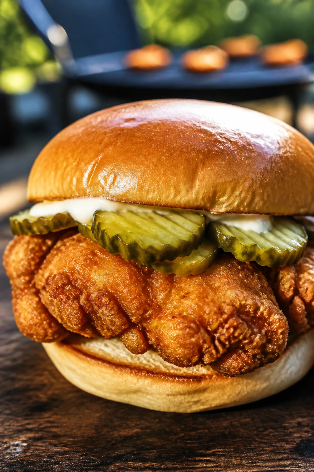 Crispy fried chicken sandwich with pickles outdoors