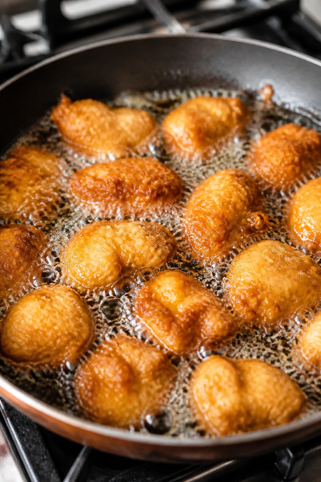 Golden fried chicken pieces in hot oil in a skillet