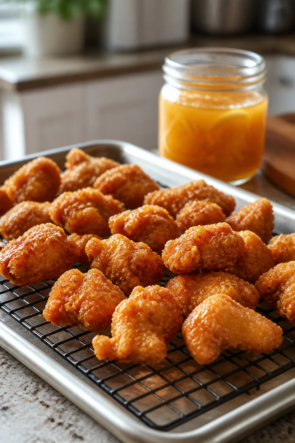 Crispy fried lemon chicken cooling on a rack with sauce in the background.