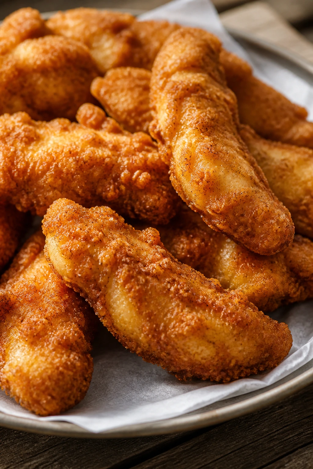 Golden crispy chicken tenders on a parchment-lined plate outdoors