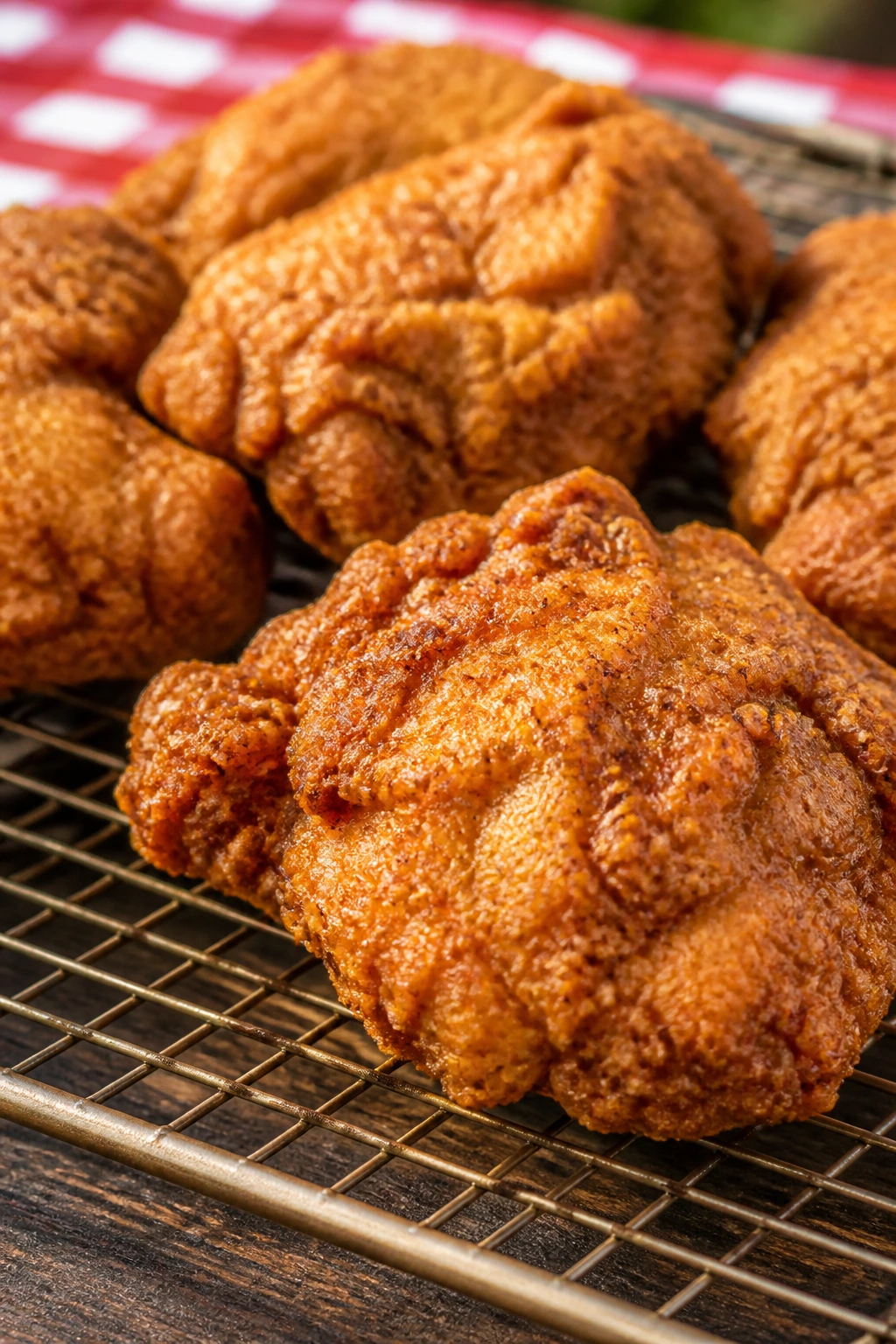 Close-up of crispy buttermilk fried chicken thighs on a wire rack outdoors