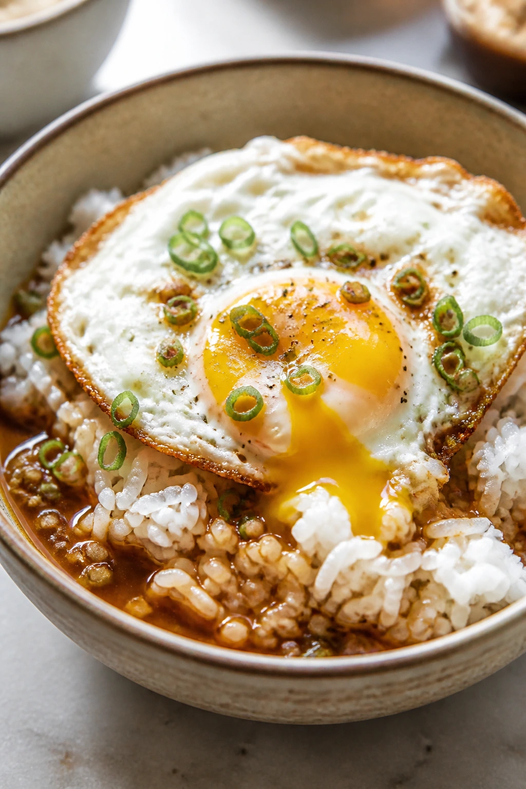 Bowl of fried egg rice with soy-ginger sauce on a kitchen counter