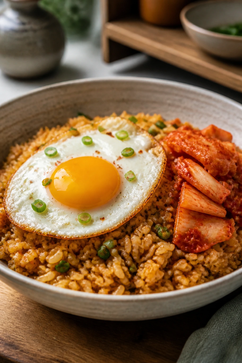 Close-up of fried egg rice with kimchi in a bowl