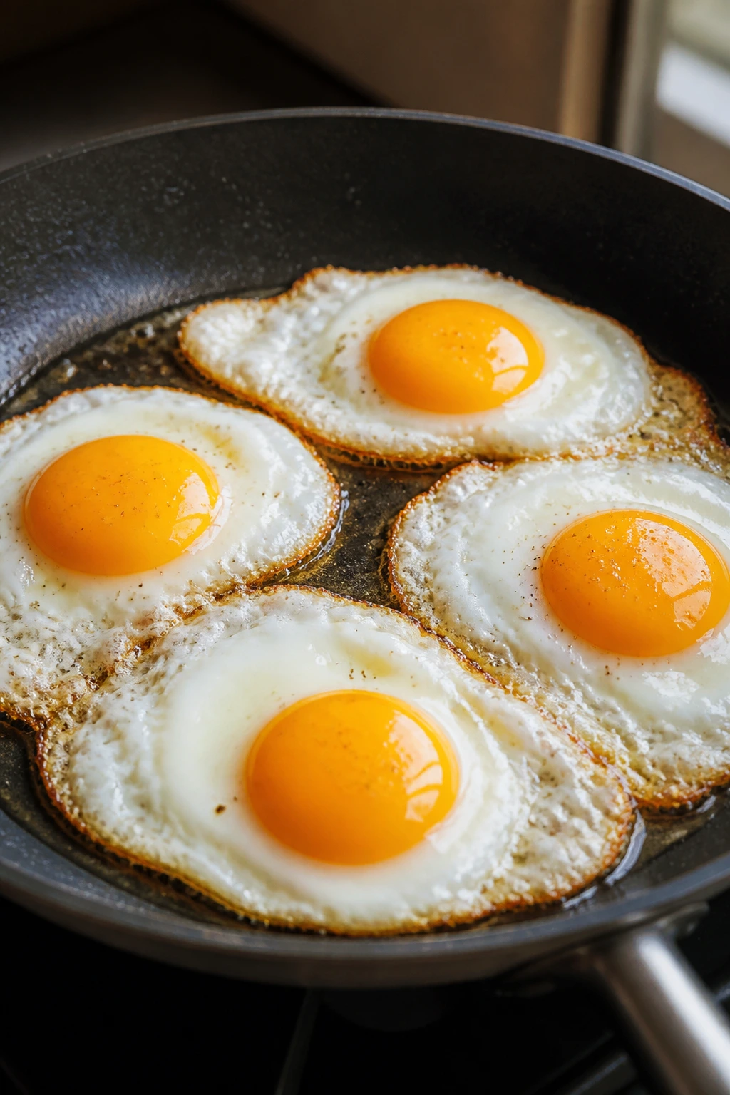 Four sunny-side-up eggs frying in a skillet