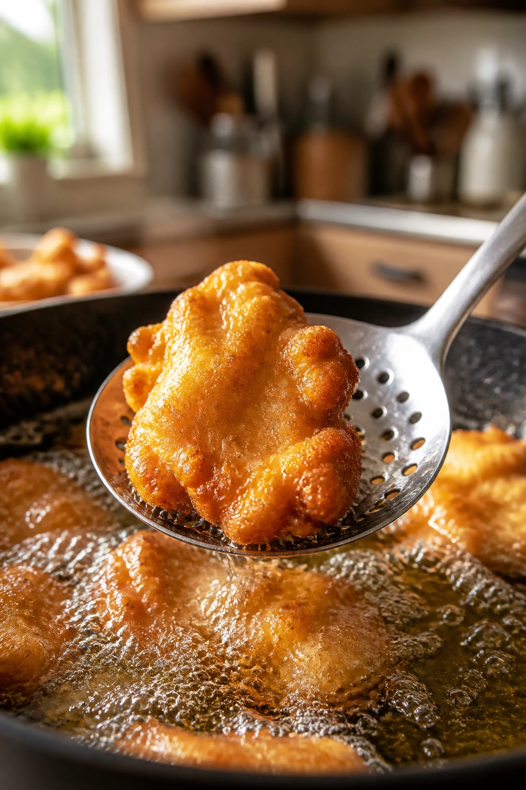 Golden fried piece lifted from oil in a home kitchen
