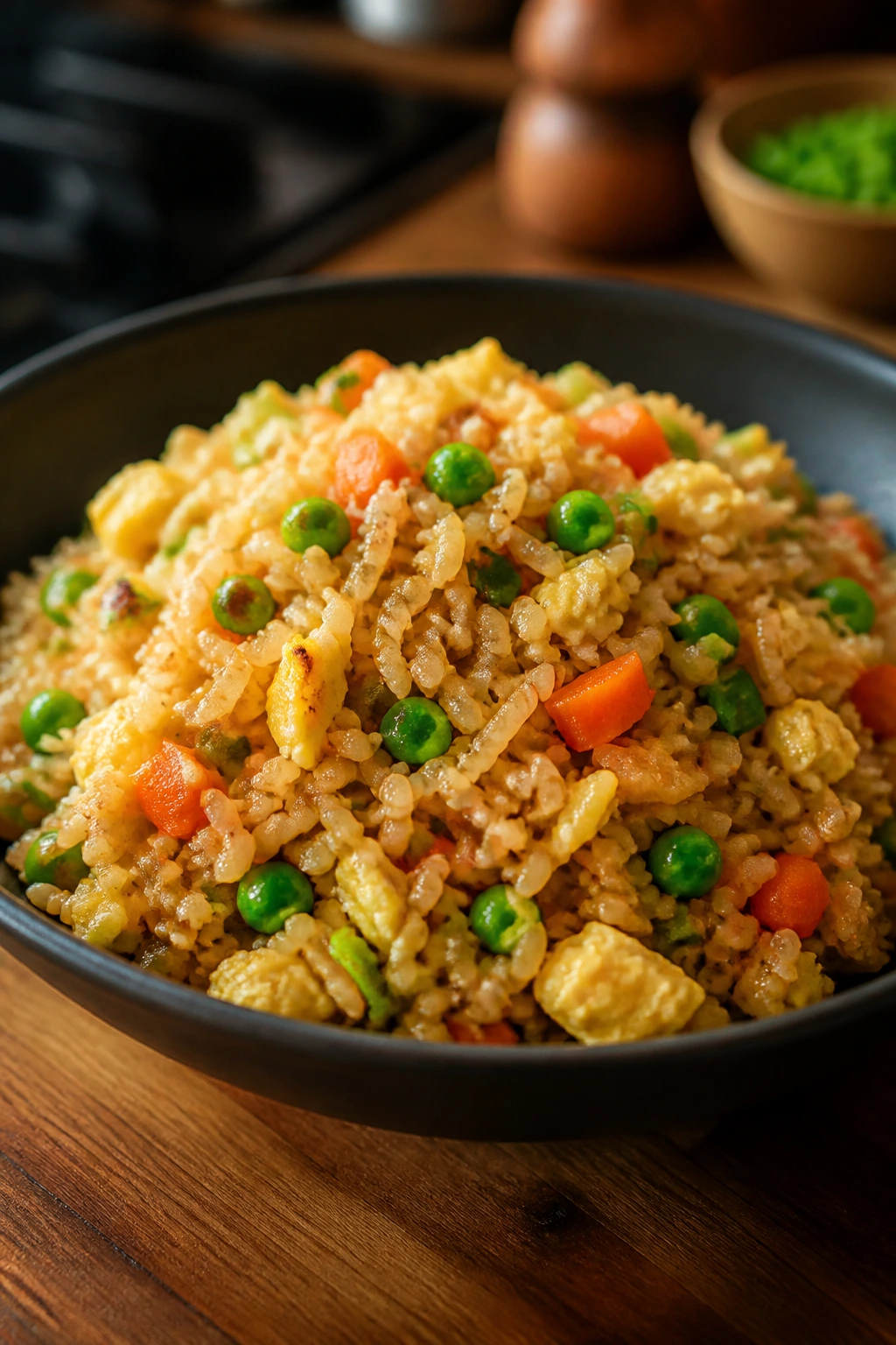 Bowl of fried rice with vegetables and egg on a kitchen counter.