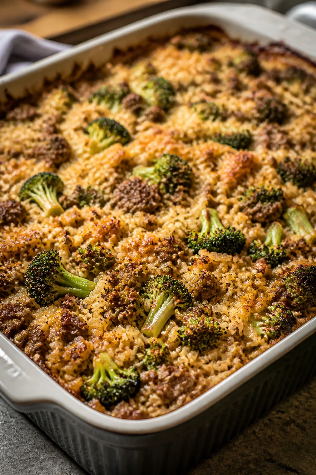 Beef and broccoli fried rice bake in casserole dish