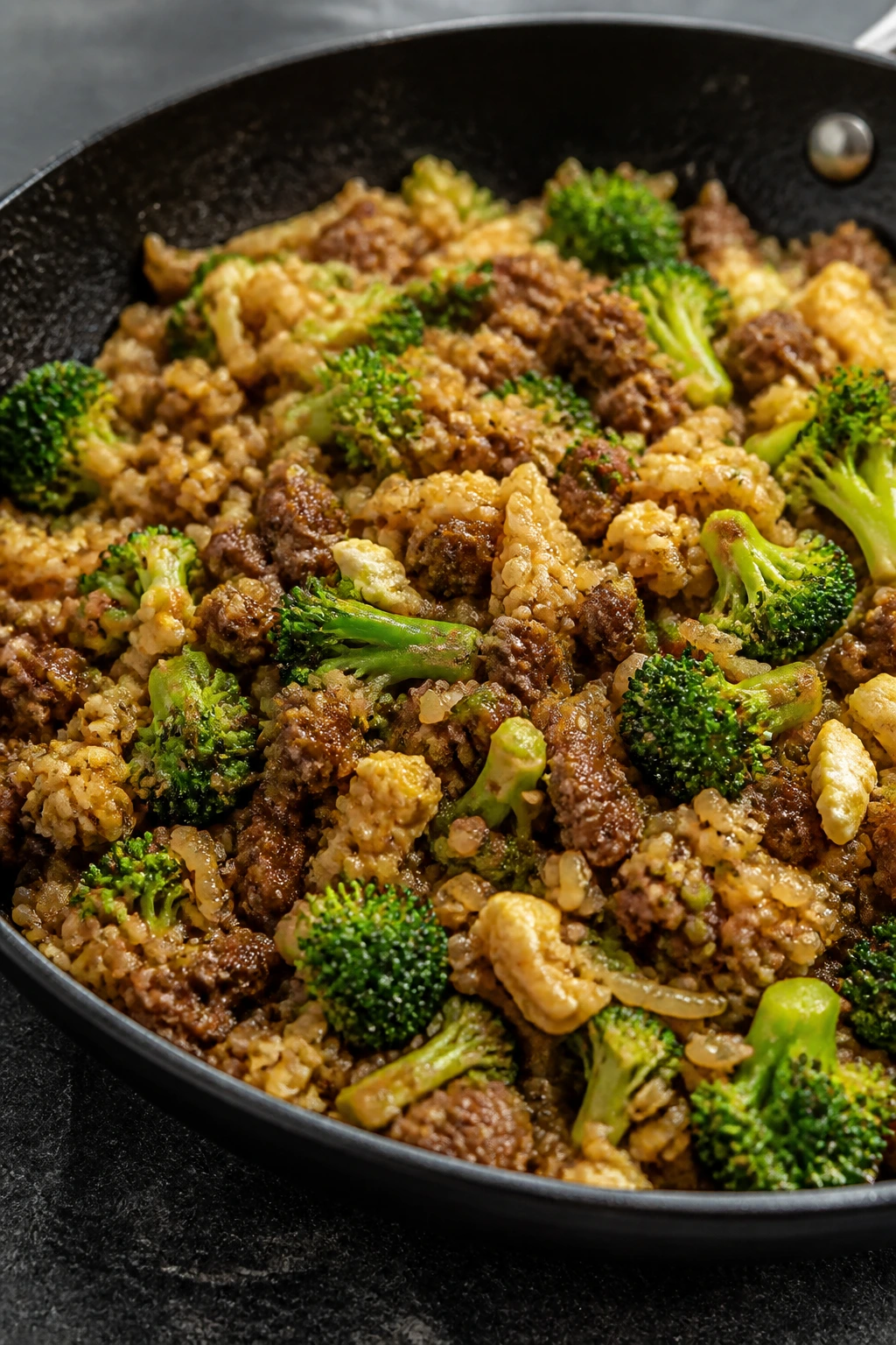 Beef and broccoli fried rice in a skillet