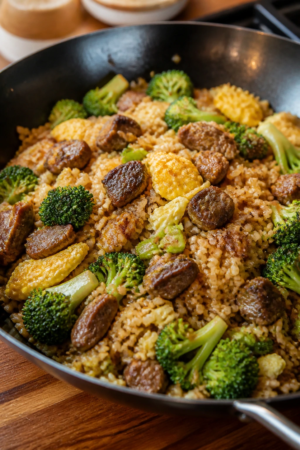 Beef Broccoli Fried Rice with Eggs in a wok