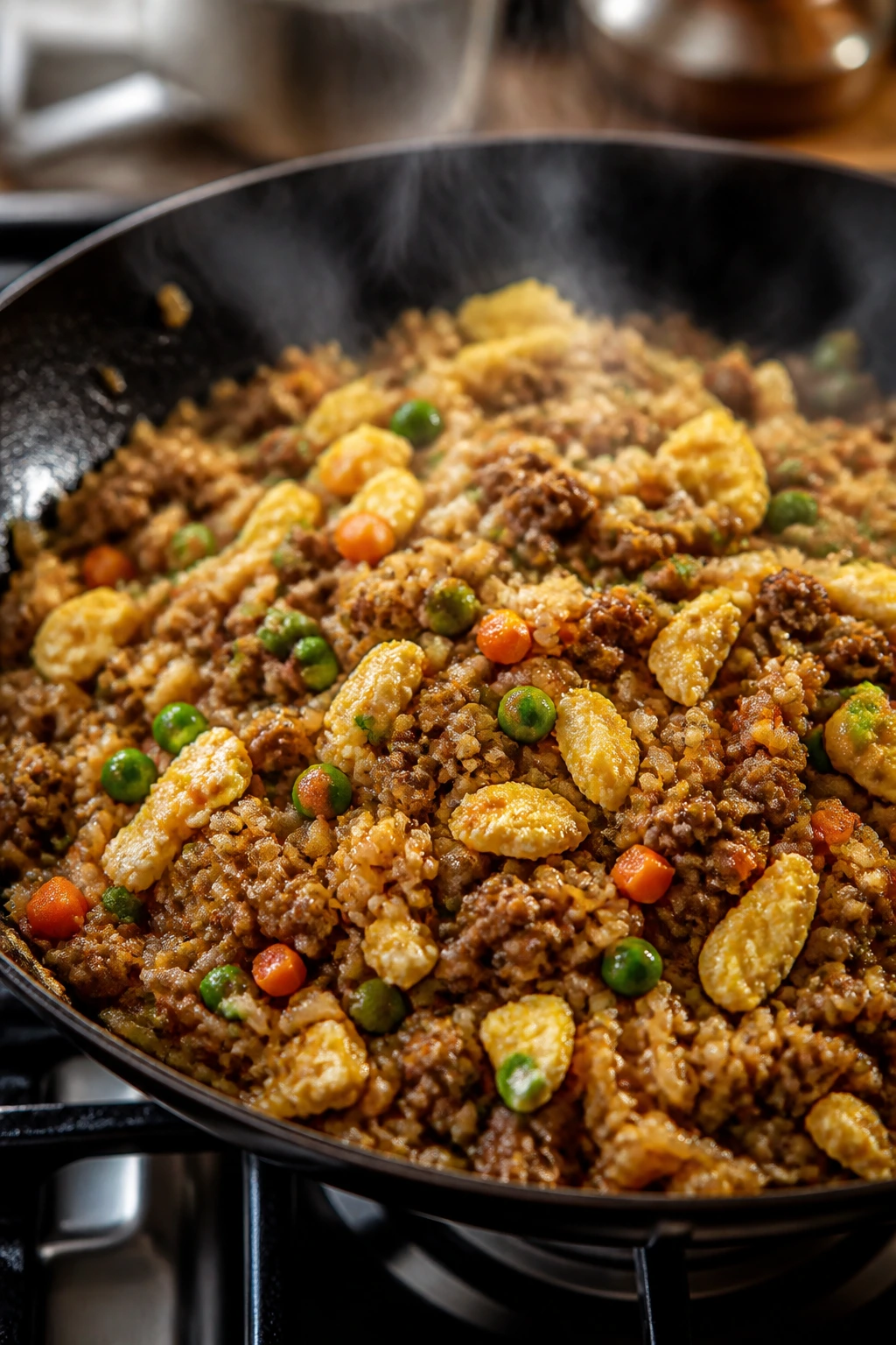Ground beef fried rice with eggs, peas, and carrots in a hot skillet.