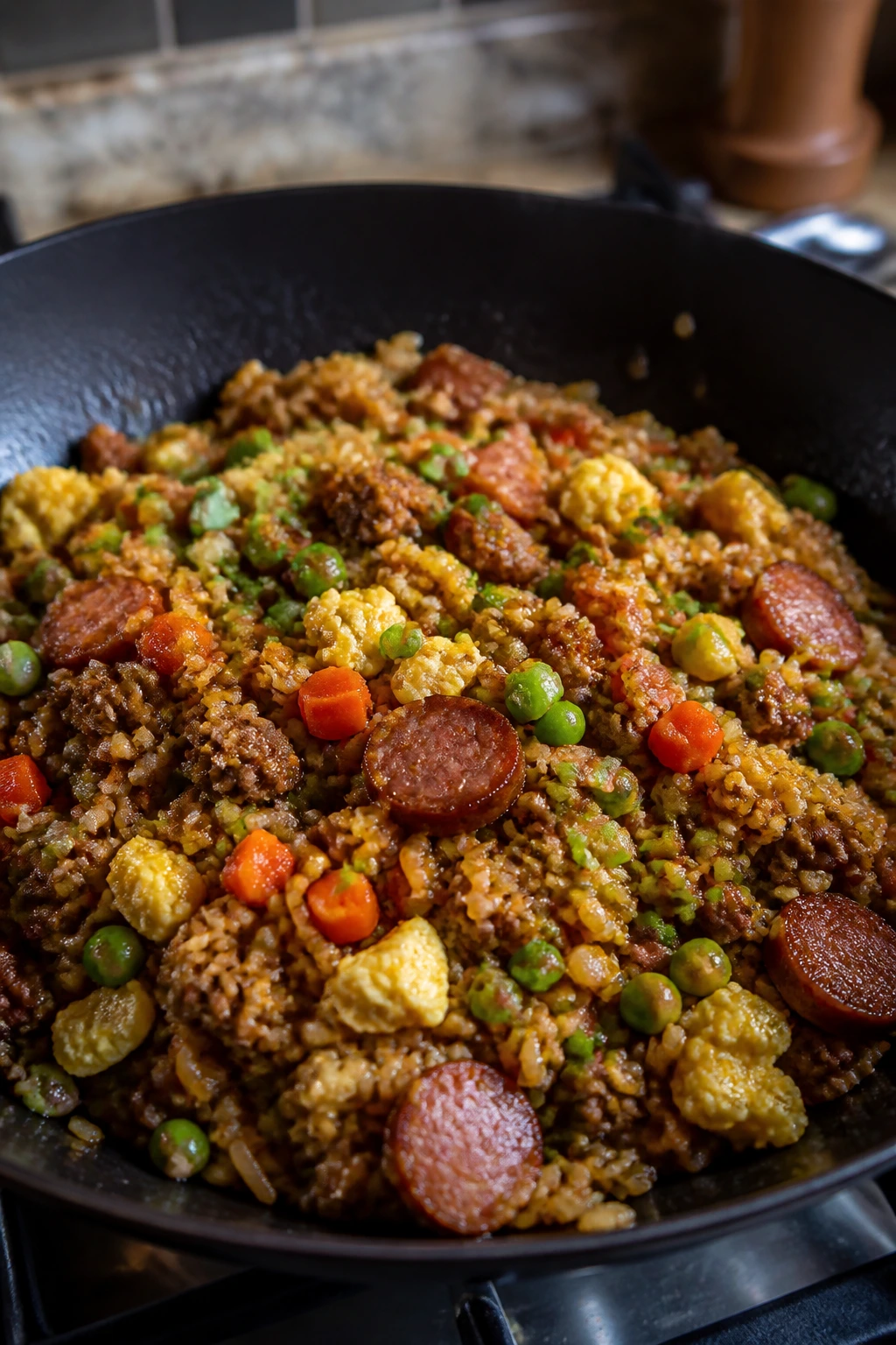 Close-up of beef and sausage fried rice in a wok