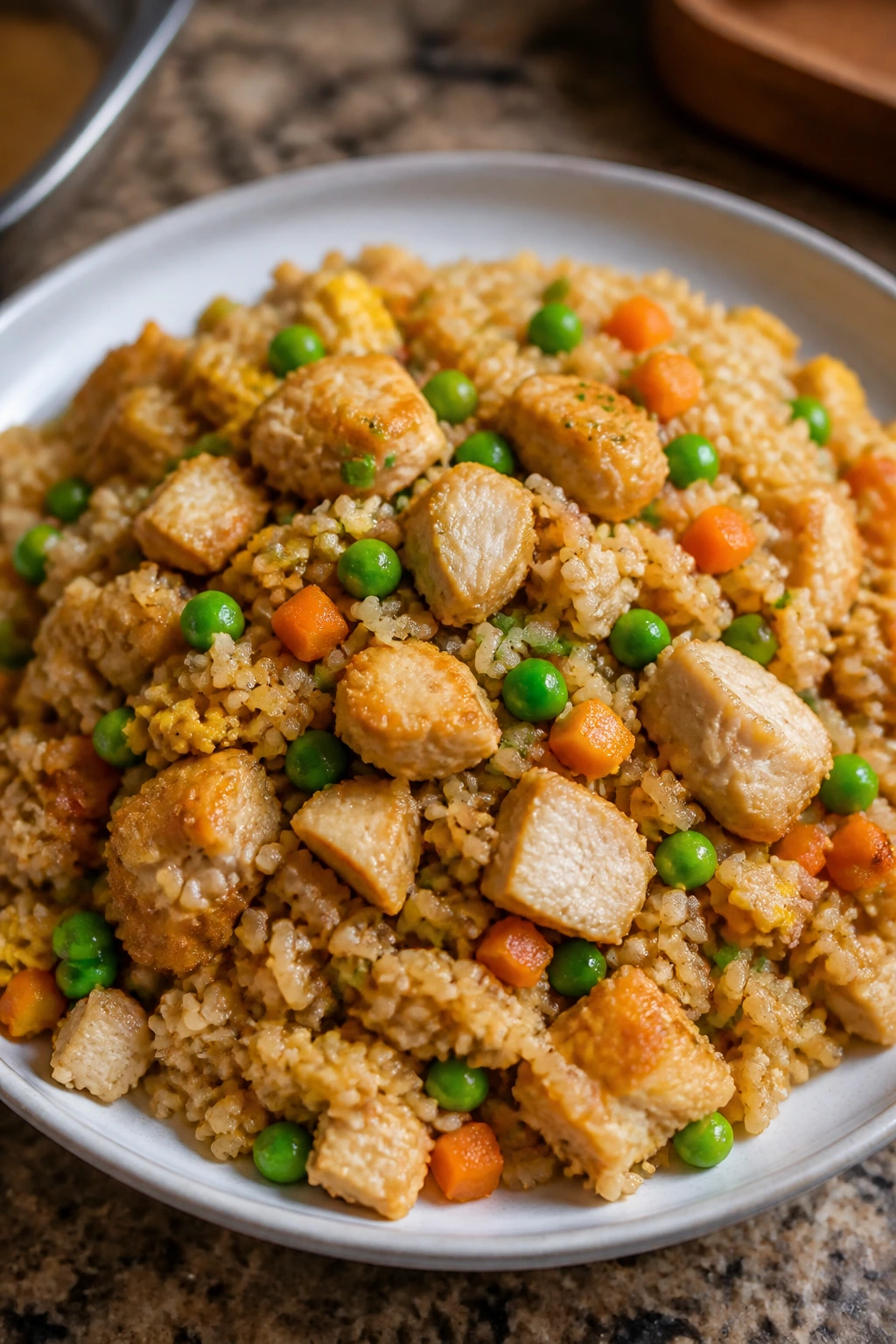 Close-up of chicken fried rice with eggs and peas on plate