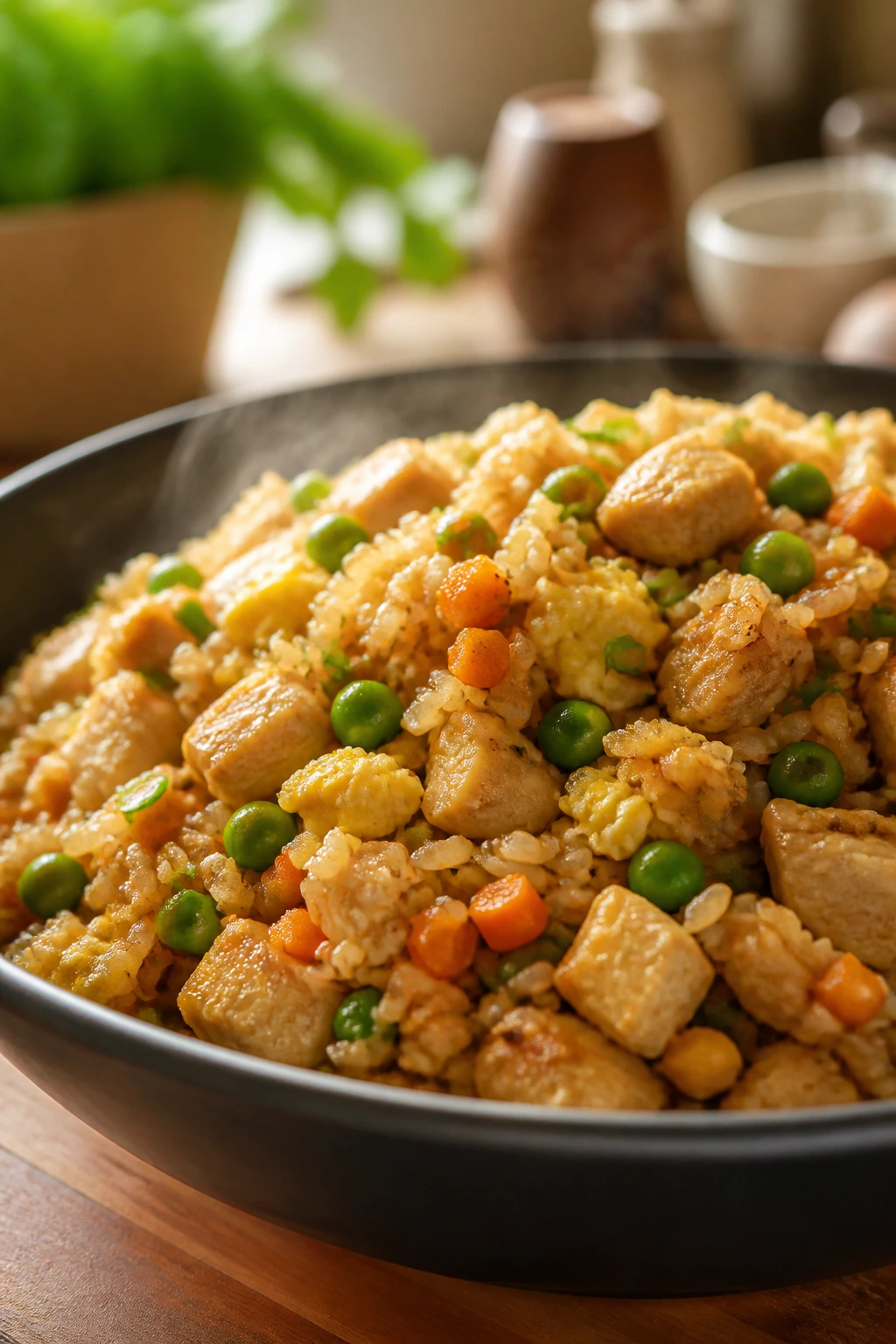 Steaming bowl of chicken fried rice with chicken, peas, and carrots
