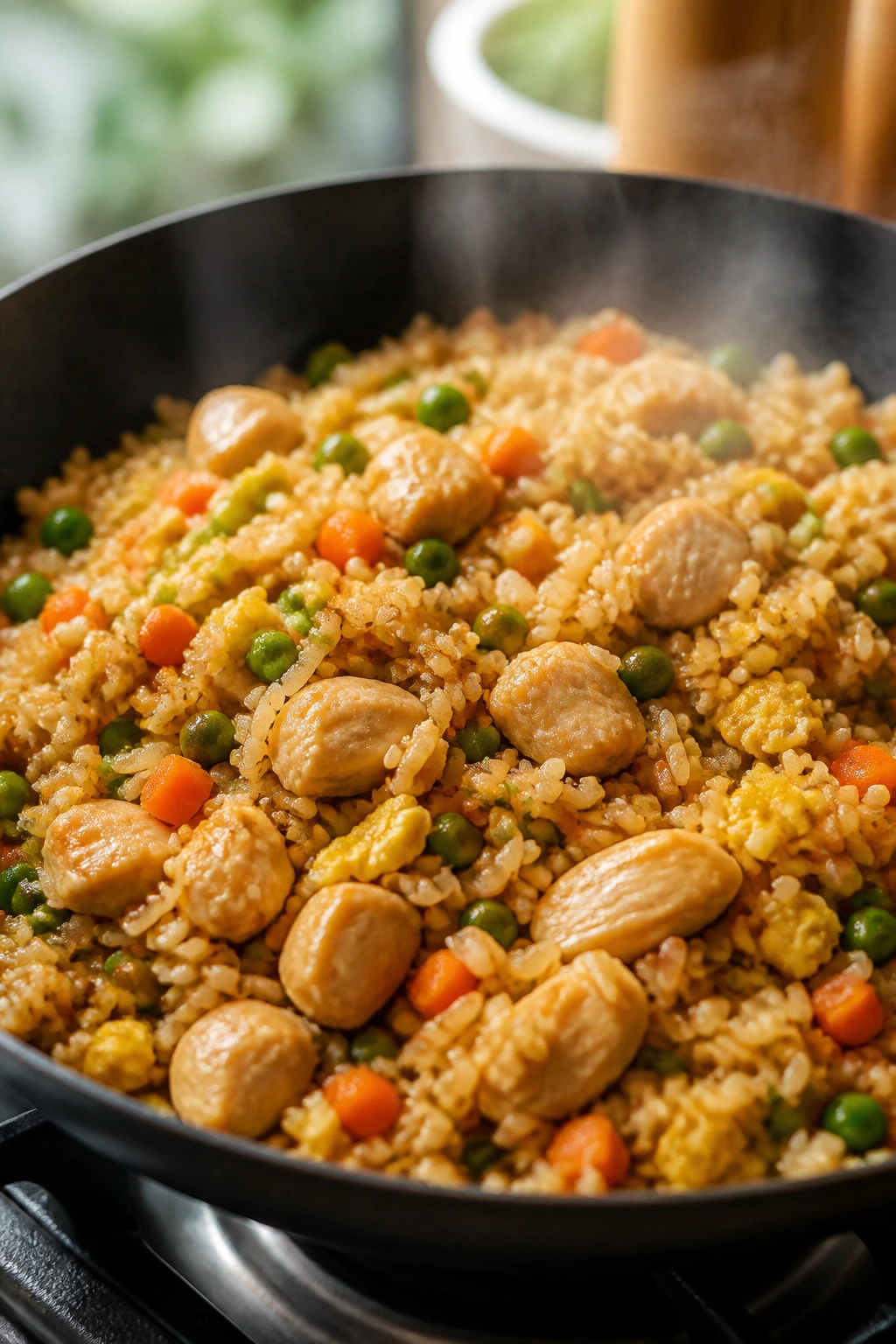 Wok of chicken fried rice with peas and carrots