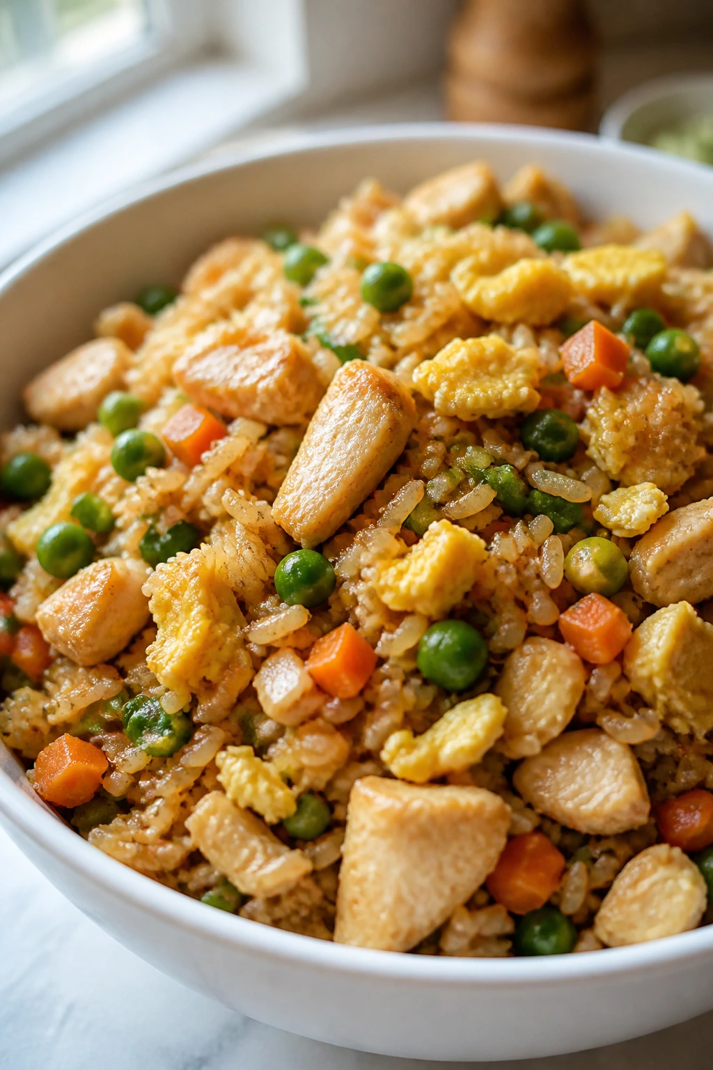 Close-up of chicken fried rice in a white bowl