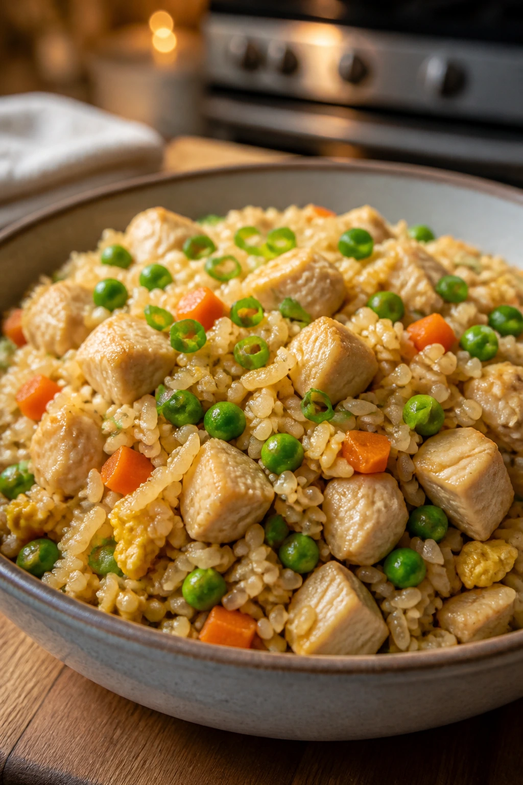 Chicken fried rice in a bowl