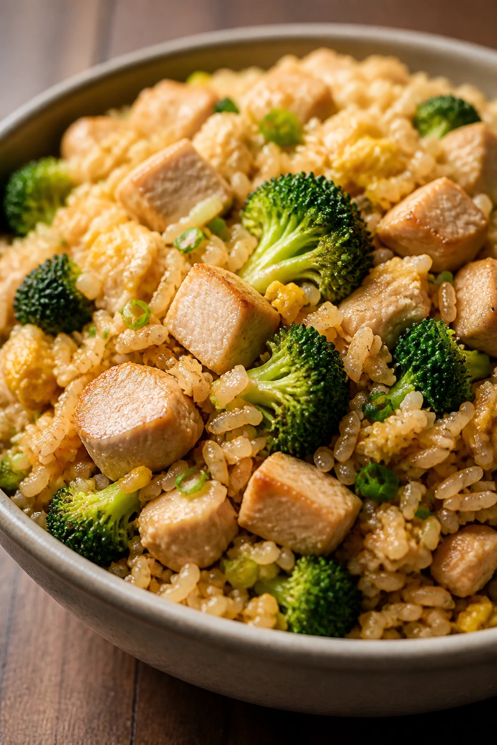Chicken and broccoli fried rice in a bowl on wooden table
