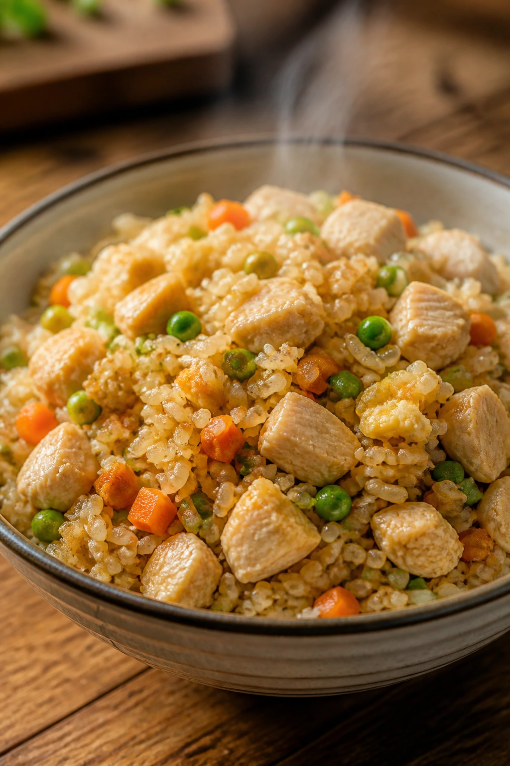 Close-up of chicken fried rice in a bowl on a wooden table