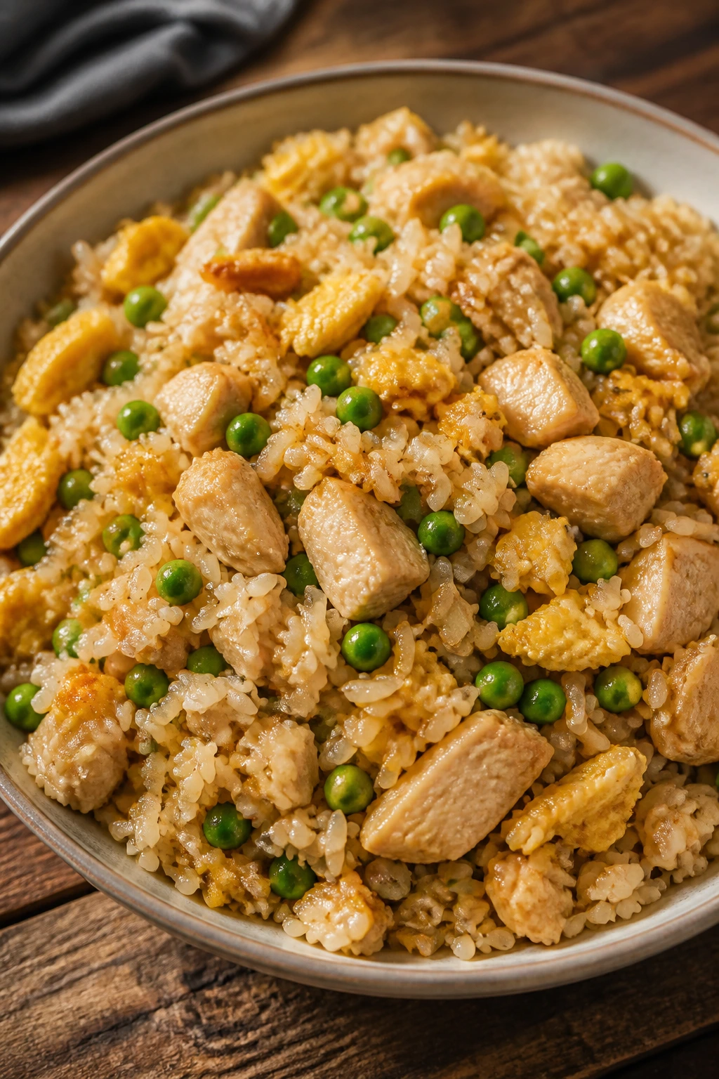 Close-up of chicken fried rice with egg and peas