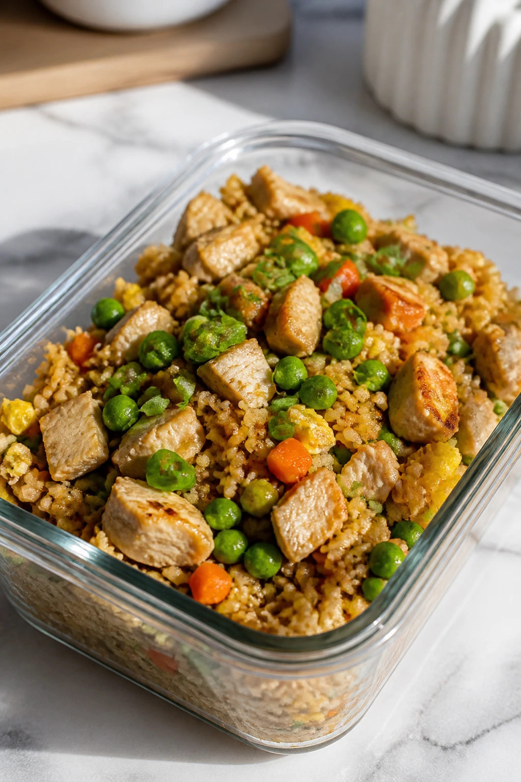 Meal-prep container with chicken fried rice and vegetables