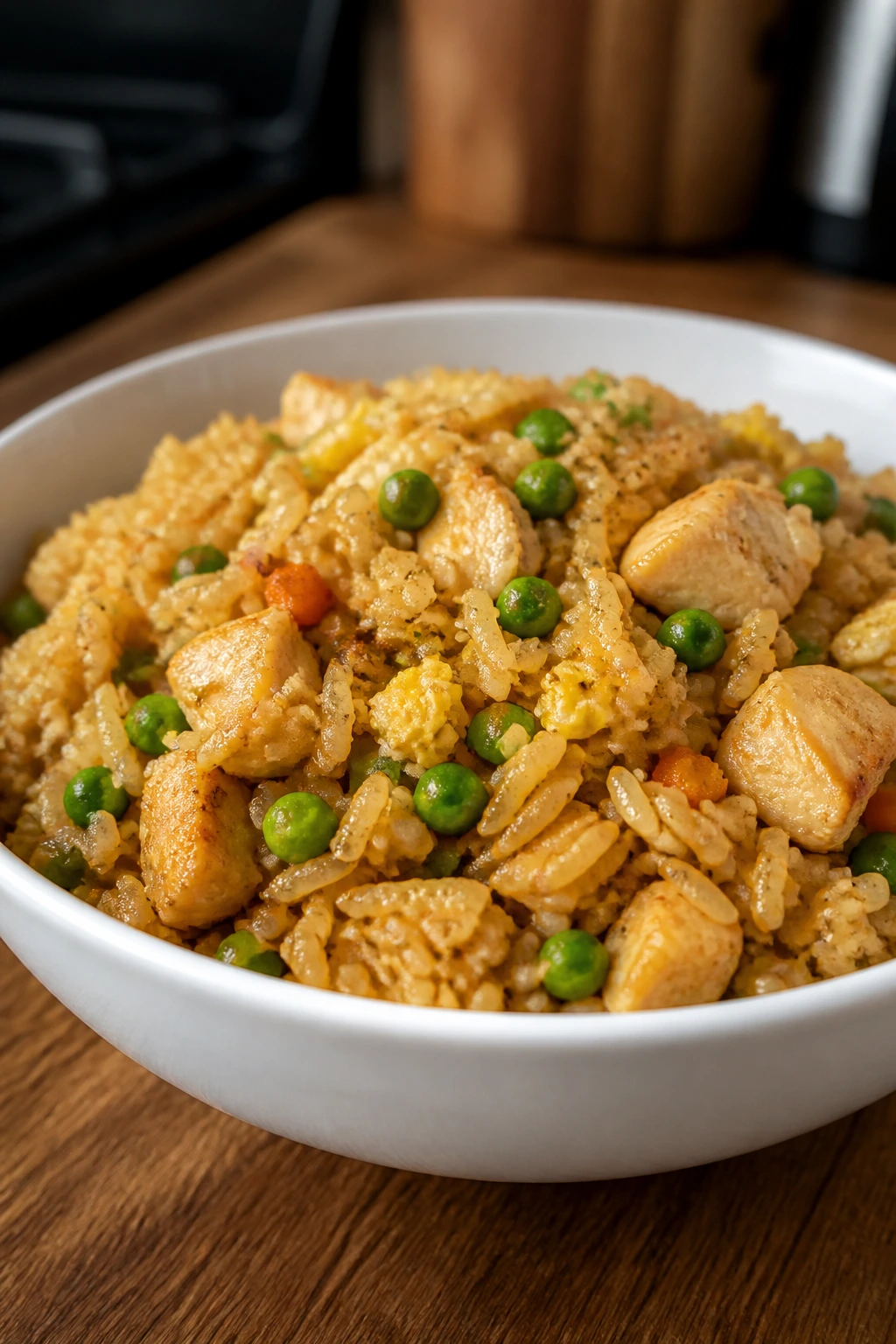 Chicken fried rice with peas and chicken in a bowl on a kitchen counter