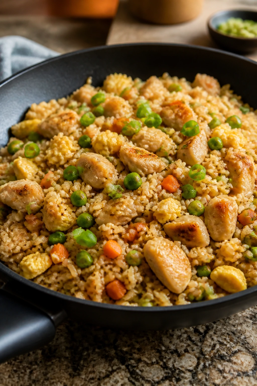 Close-up of chicken fried rice in a skillet filling the frame