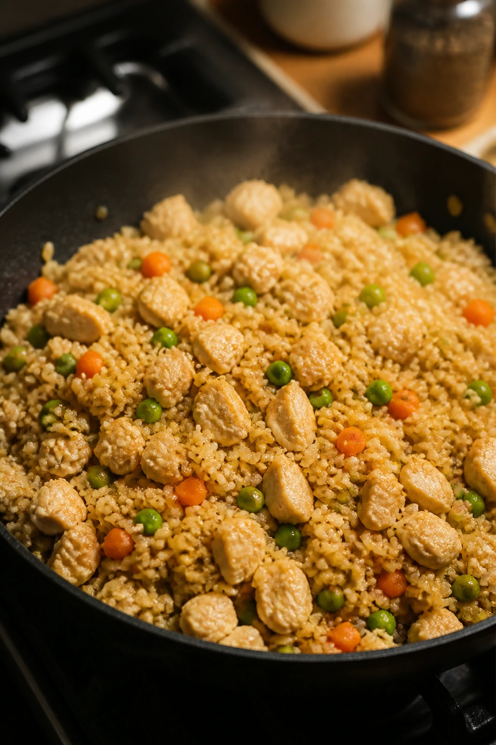Close-up of chicken fried rice with chicken, peas, and carrots in a skillet