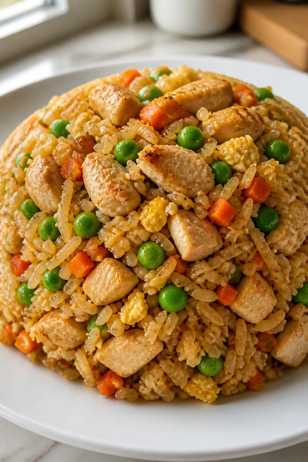 Mound of chicken veggie fried rice on plate in sunlit kitchen